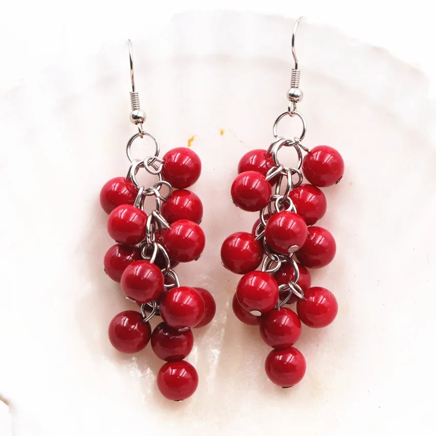 Neo-Gothic Ethnic Long Dangle Earring for Women 8mm Red Artificial Coral Drop Grape Shape Earrings Fashion Jewelry Eardrop A660