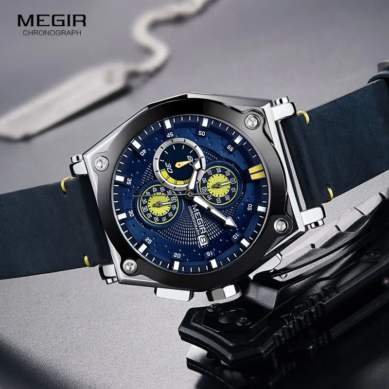 Megir Men\'s Leather Strap Quartz Watches Army Sports Chronograph Waterproof Wristwatch for Man Luminous Relogios Clock 2098 Blue