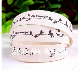 100M/lot Width:15mm ZAKKA cotton ribbon Printing cute bird life is beautiful sewing labels Cotton ribbon for DIY(ss-51)