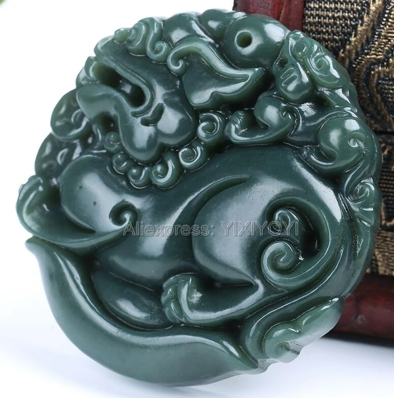 Vintage Natural Green HeTian Jade Carved Chinese Dragon Kylin Lucky Pendant Amulet Necklace Certificate Man Woman's Gift Jewelry