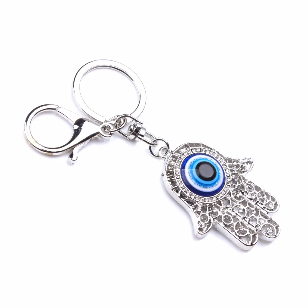 Lucky Charm Blue Hamsa Fatima Hand Evil Eyes Keychains Purse Bag Buckle Pendant For Car Keyrings key Chains Holder Women EY1478