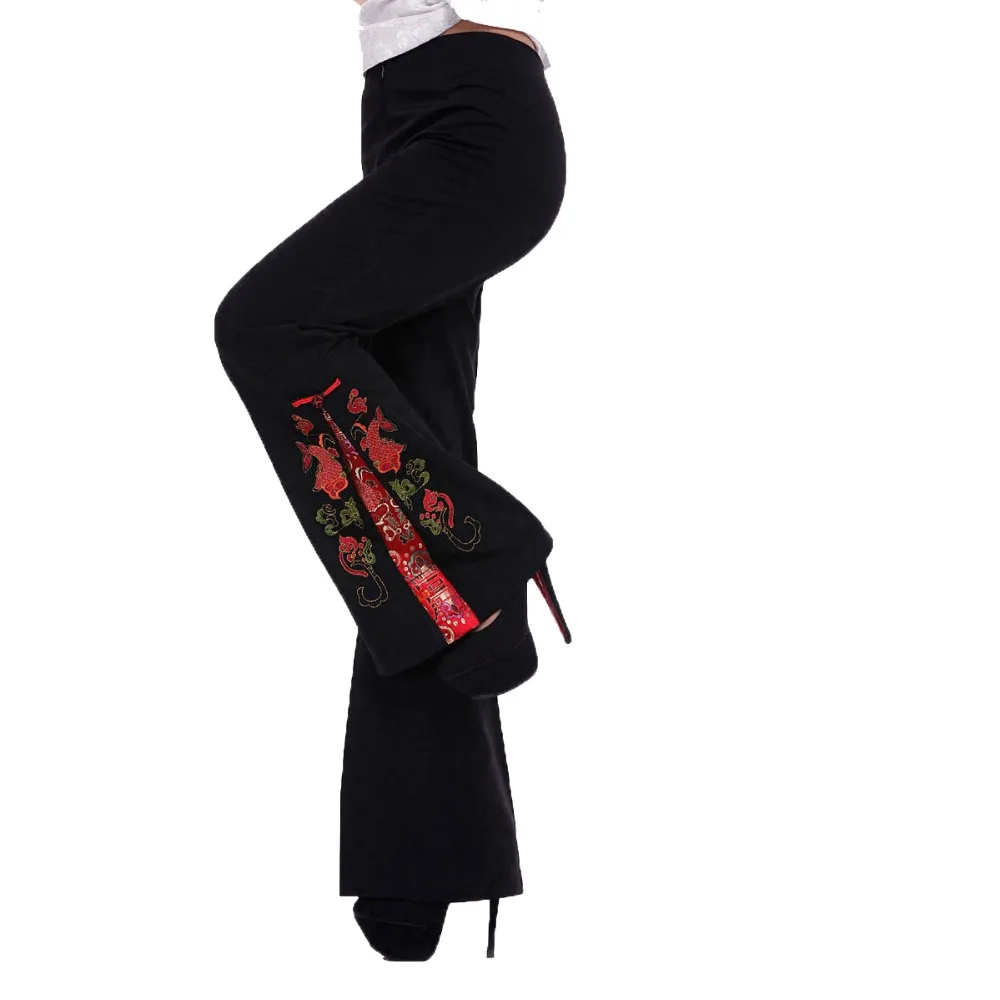 New Black Chinese Traditional Women Embroider Flower Flare Pants Full Length Trousers Pantalones Flare Novelty Clothing