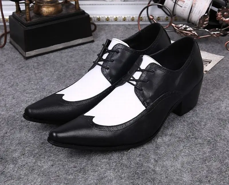 Black White Genuine Leather Mens Dress Shoes Fashion Pointed Toe Oxford Shoes For Men Formal Shoes Business Lace Up High Heels