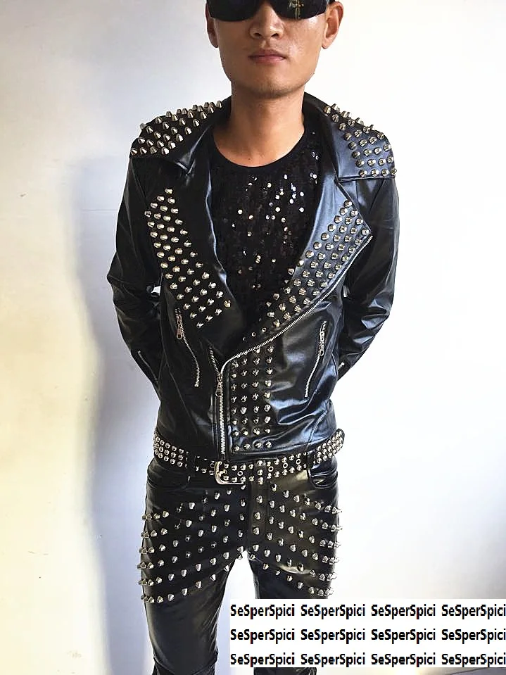 Hot Punk rock band DJ men's singer costume non mainstream Chic Full Rivet Leather Men singer costumes jacket Guitar Show