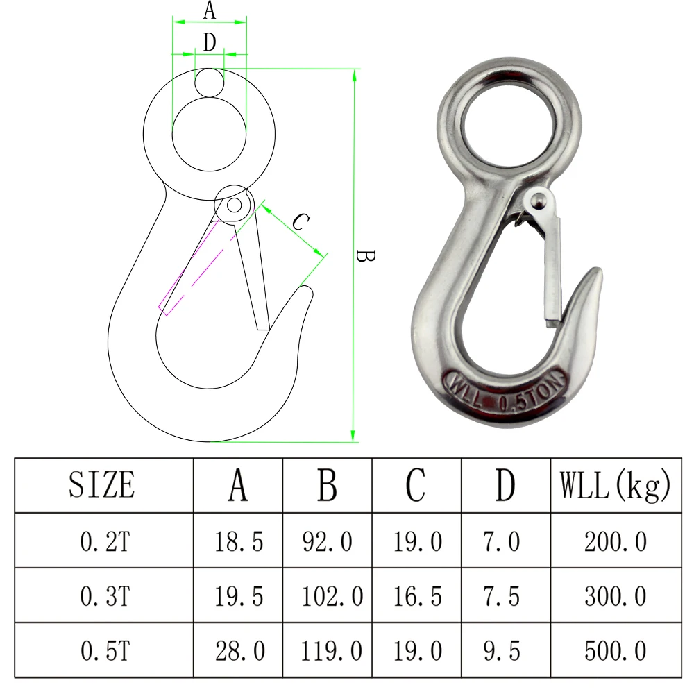 Stainless Marine Large Eye Lift Crane Hooks with Safety Load Limit of 300Kg for Lifting 10pcs 102mm