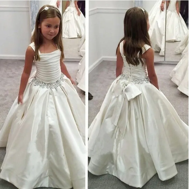 Square Neck Sleeveless White Satin Flower Girl Dresses Ball Gown Dresses For Weddings Pageant  First Communion Dresses