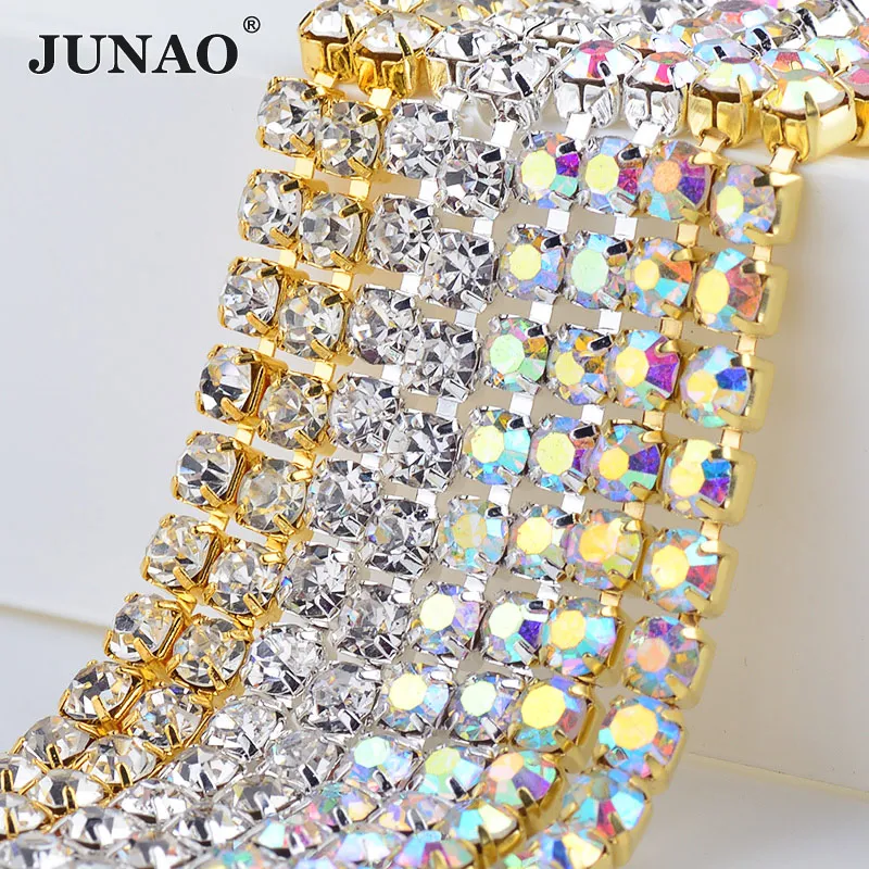 JUNAO alta qualità SS6 8 10 12 16 18 argento oro Base vetro Strass catena densa Appliques di cristallo trasparente Trim Strass Banding