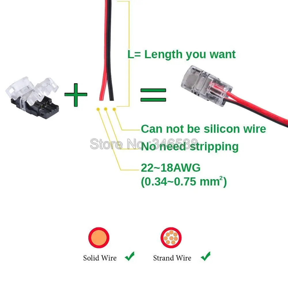 5pcs 2Pins LED Strip to Wire Connector for 10mm Single Color IP65 Waterproof SMD 5050 5630 LED Tape Light Connection Conductor