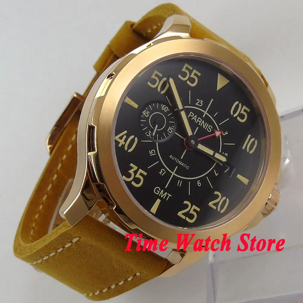 44mm Parnis sapphire glass ST2557 GMT 24 hours mens watch 776 black dial gold case 5ATM water resistance