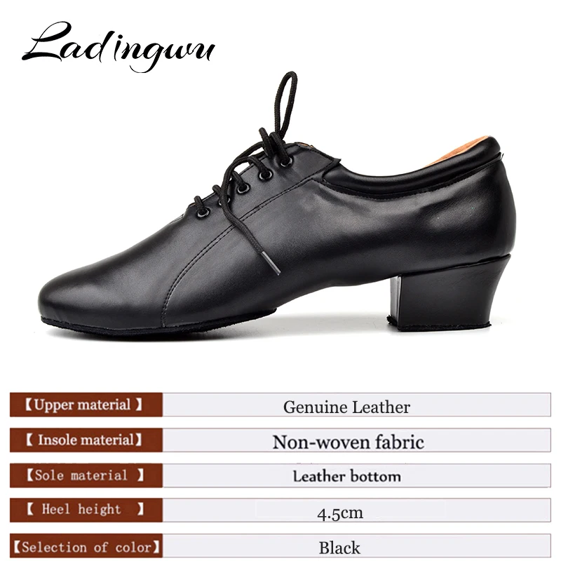 Ladingwu Latin Dance Shoes Men\'s 100% Genuine Leather Ballroom Dancing Shoes Men Soft Bottom Social Party Shoes Low Heel 4.5cm