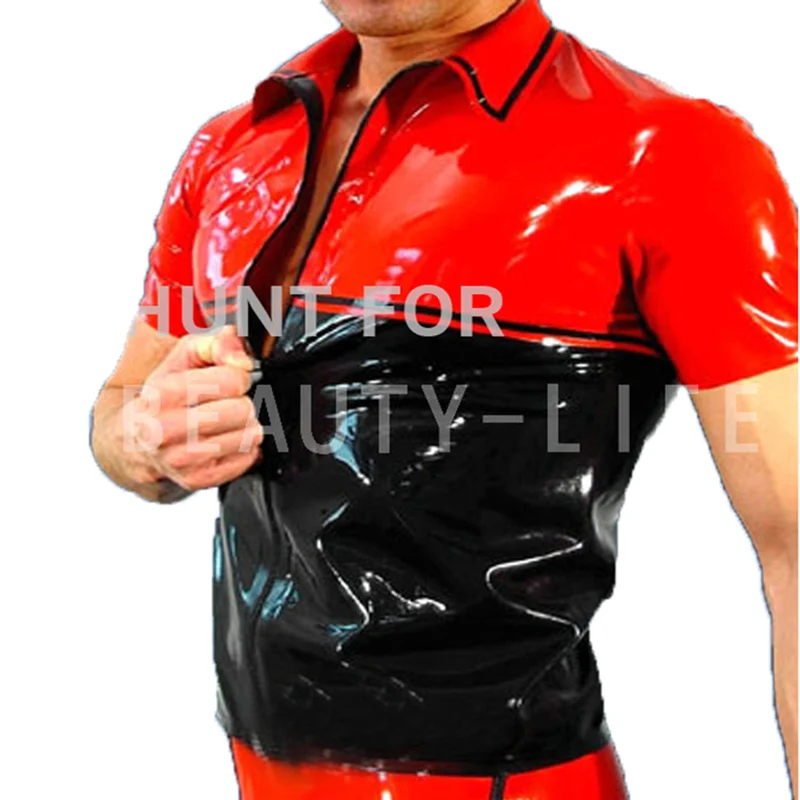 Latex T-Shirts For Men Exotic Short Sleeve with Zipper Sexy Bicolor Plus Size Customization 100% Natural Handmade Top