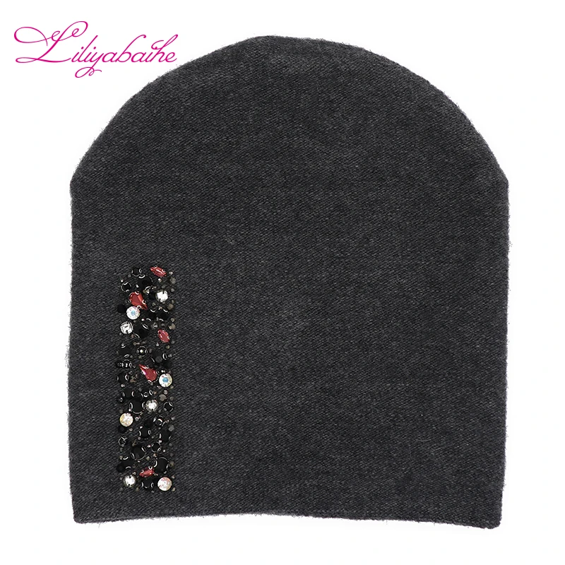 LILIYABAIHE Women Autumn And Winter Hat angora Knitted Skullies Beanies Cap Colored vertical strip diamond decoration hats