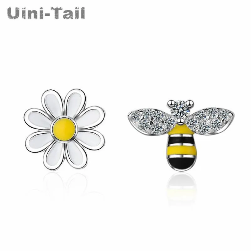 Uini-Tail 2024 new listing 925 Tibetan silver bee sun flower asymmetric earrings Korea fresh and lovely sweet jewelry ED019