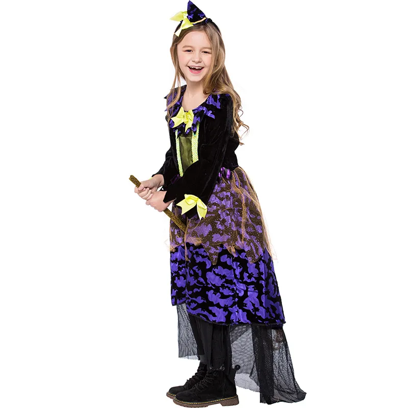 Kid Meisjes Halloween Heks Kostuum Idee Grappig Paars Jurk Goedkope Netto Garen Fancy Lange Mouwen Outfit