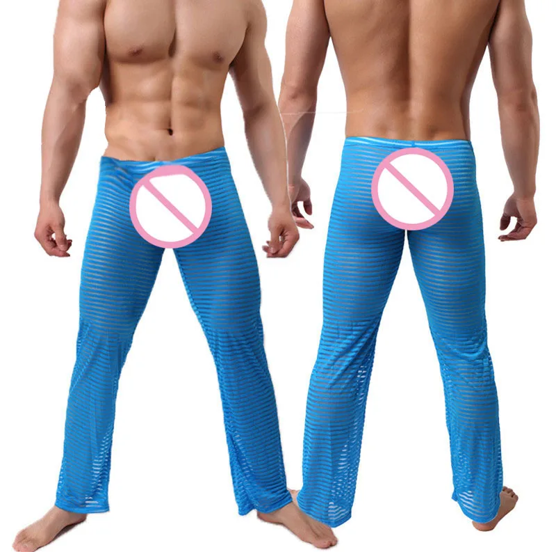 CLEVER MENMODE Sexy listrado transparente pijama calças masculinas, ver através pijamas, calças de sono, calças de comprimento total