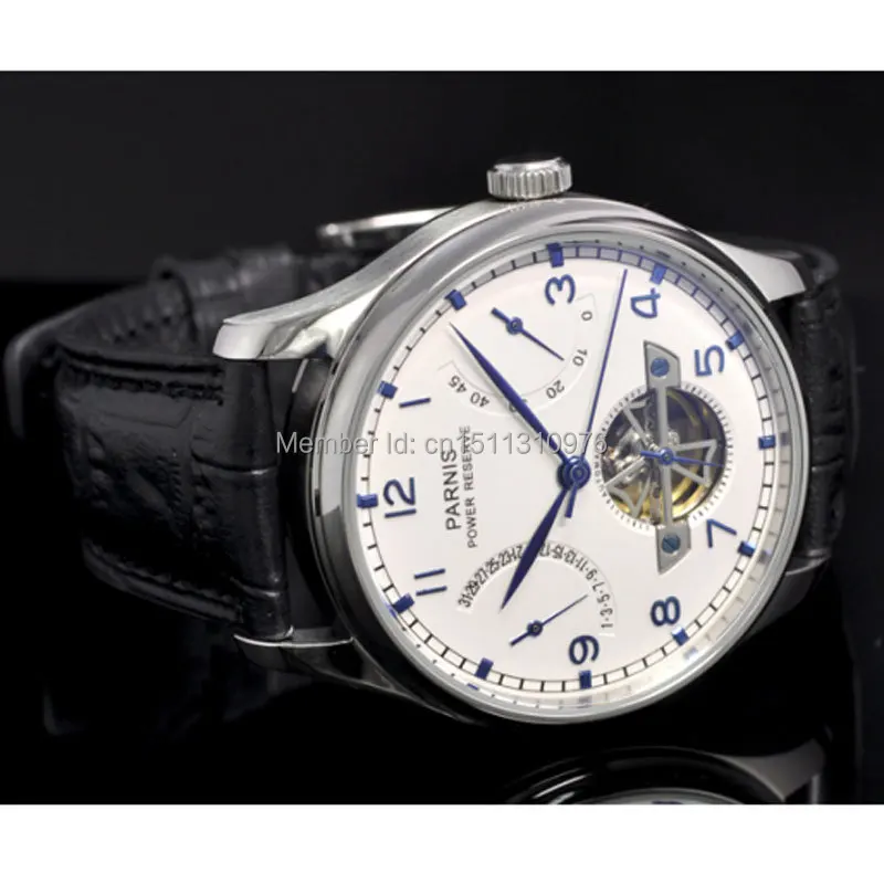 parnis white dial power reserve ST movement date automatic mens watch 13AU