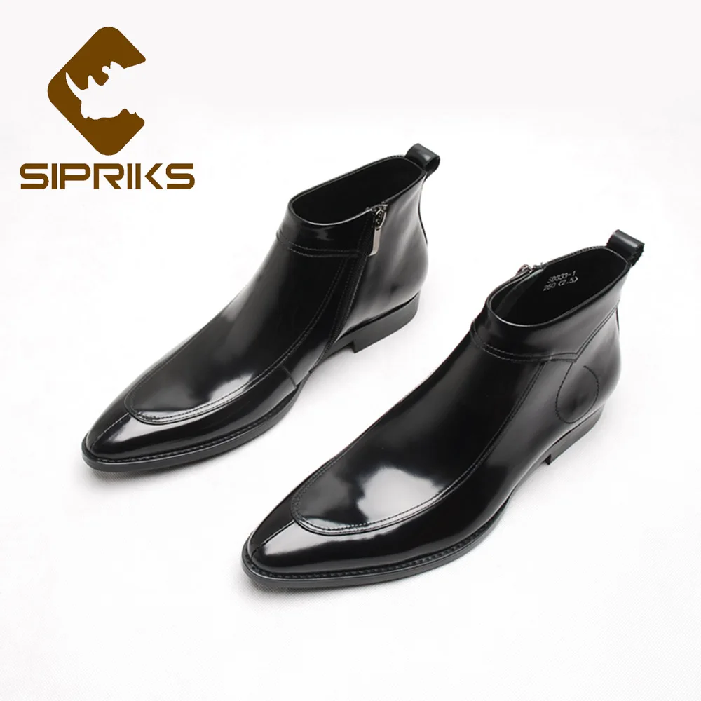 Sipriks Mens Leather Ankle Boots Black Pointed Zip Boots Formal Suits Gents Cowboy Wine Red Boots Luxury Top Quality Rubber Boot