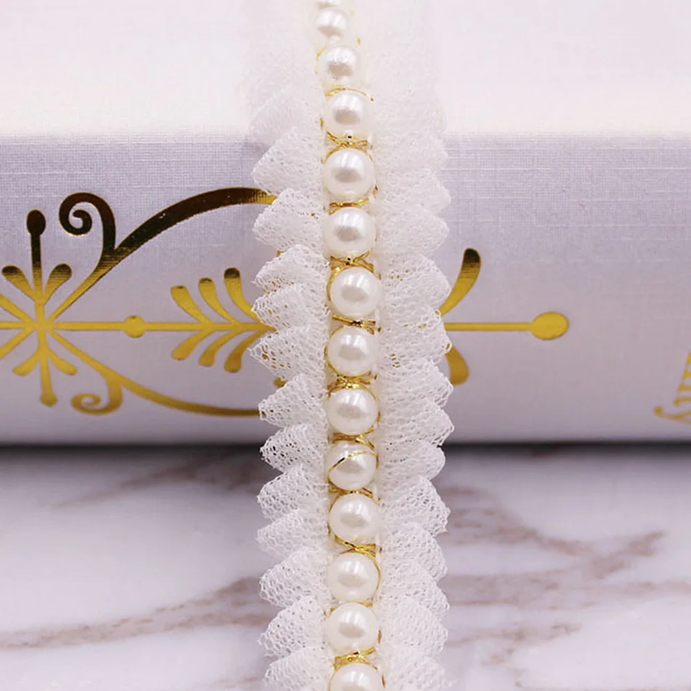 1 Yard 2 Style White Pearl Mesh Lace Trim Crease Ribbon Lace Fabric Collar Dress Sewing Garment Headdress Materials 2/3cm Width