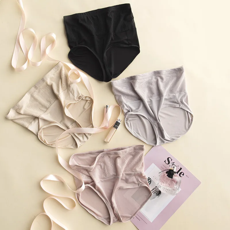 

Guiyi 100% Natural Silk Abdomen Hips Boxer Ladies Underwear Plus Size female Postpartum High Waist Lace Underwear for Young