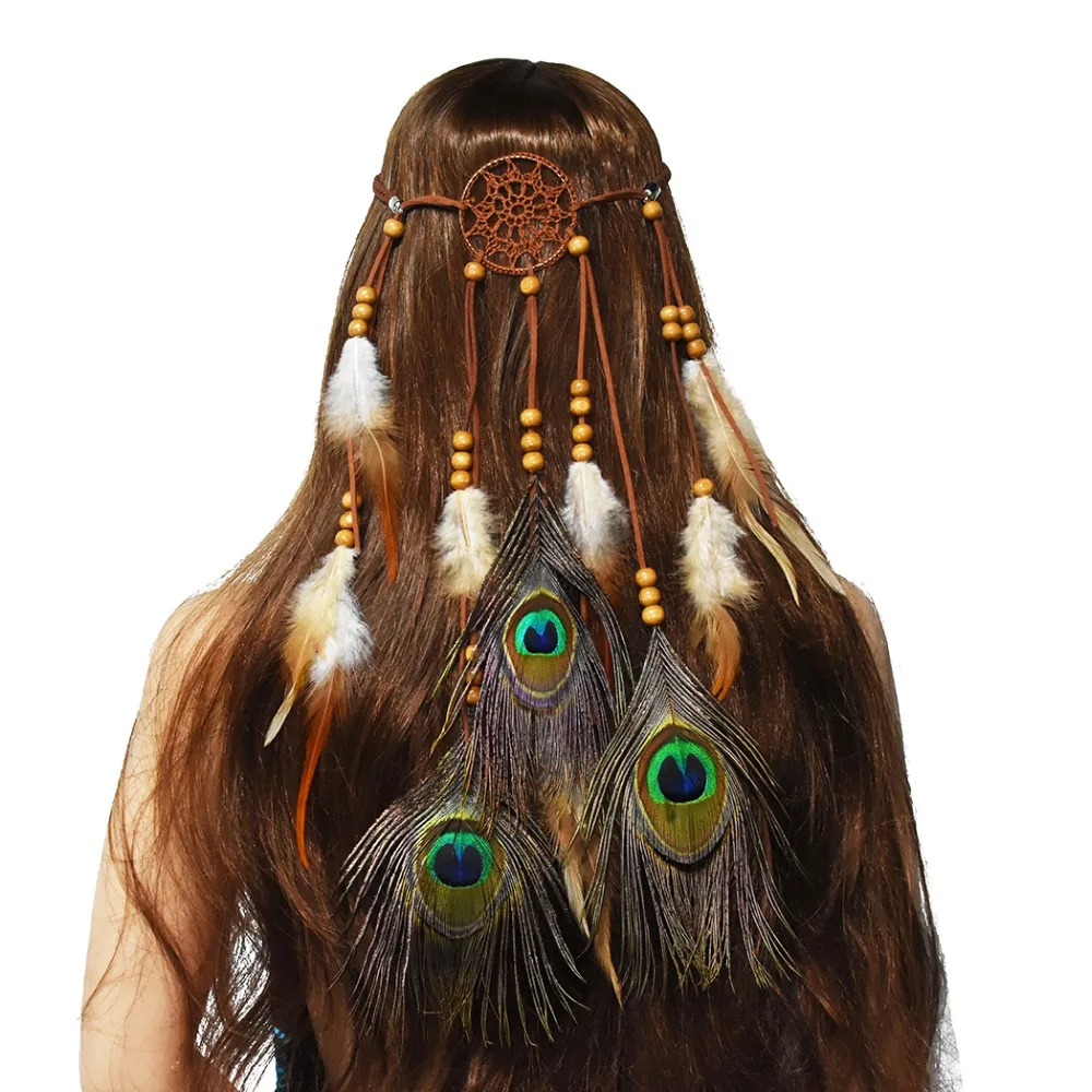 

Bohemia Hippie Headband Dream Catcher Headdress Fashion Indian African Beaded Peacock Feather Headbands Hair Accessories Jewelry