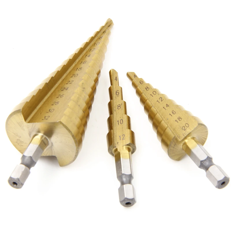 3 stücke 4241 HSS Schritt Bohrer Bits1/4 Hex Schaft 4mm Zu 12mm20mm32mm Holz Metalwoking Bohrer Werkzeug set Loch Cutter