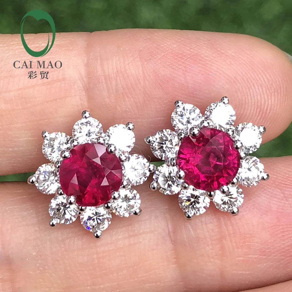 Caimao 2.54ct Ruby White 2.08ct Brilliant Cut Moissnaite 14K White Gold Engagement Earrings Studs