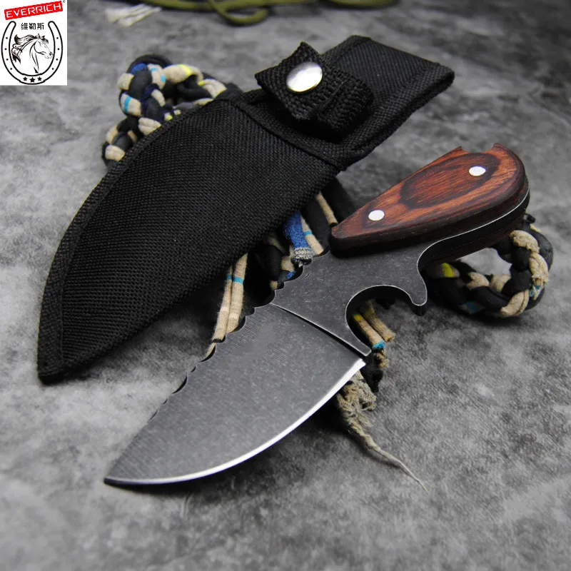 DEHONG Stone wash D2 steel Japanese straight knife, sandalwood handle outdoor hunting tactics straight knife + knife sleeve
