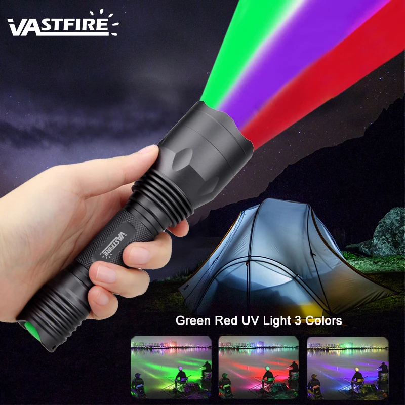 VASTFIRE Portable LED Weapon Lights Tactical Green/Red/UV Hunting Flashlight Blood Tracker Hog Lamp+18650 Battery+USB Charger