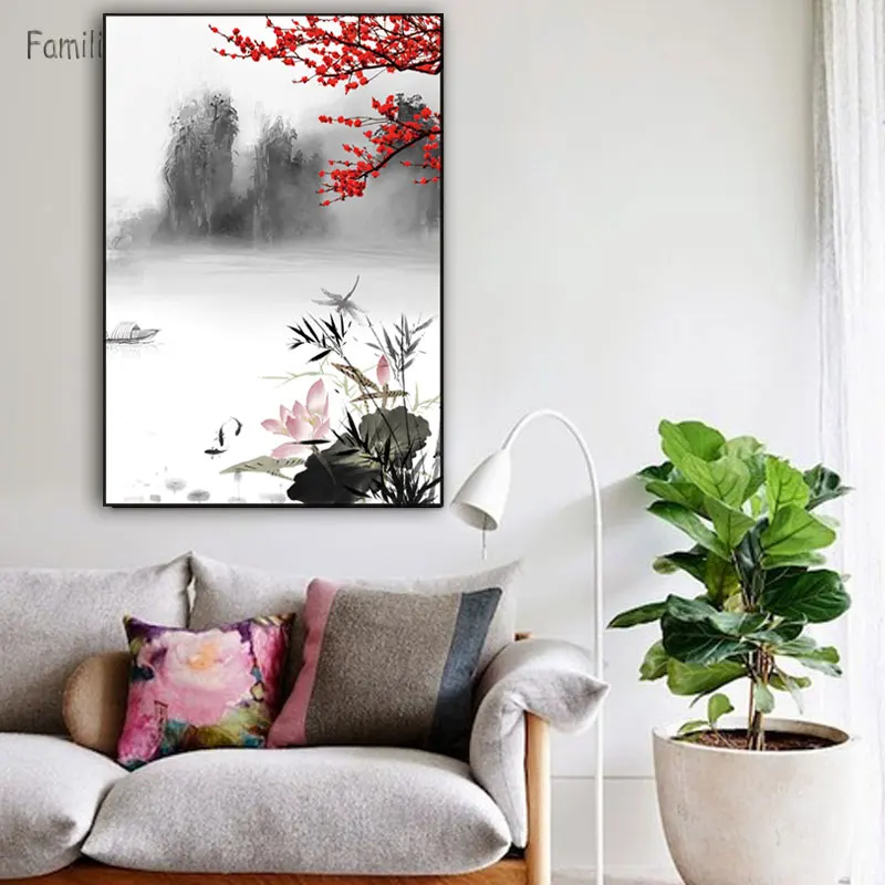 

2pcs Chinese Landscape paintings and china boat canvas pictures vintage home decor on the wall art decorative for living room