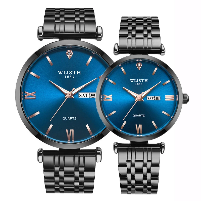 Reloj de pulsera de cuarzo para hombre y mujer, cronógrafo de acero negro y azul, de negocios, de alta calidad, a la moda, par de horas