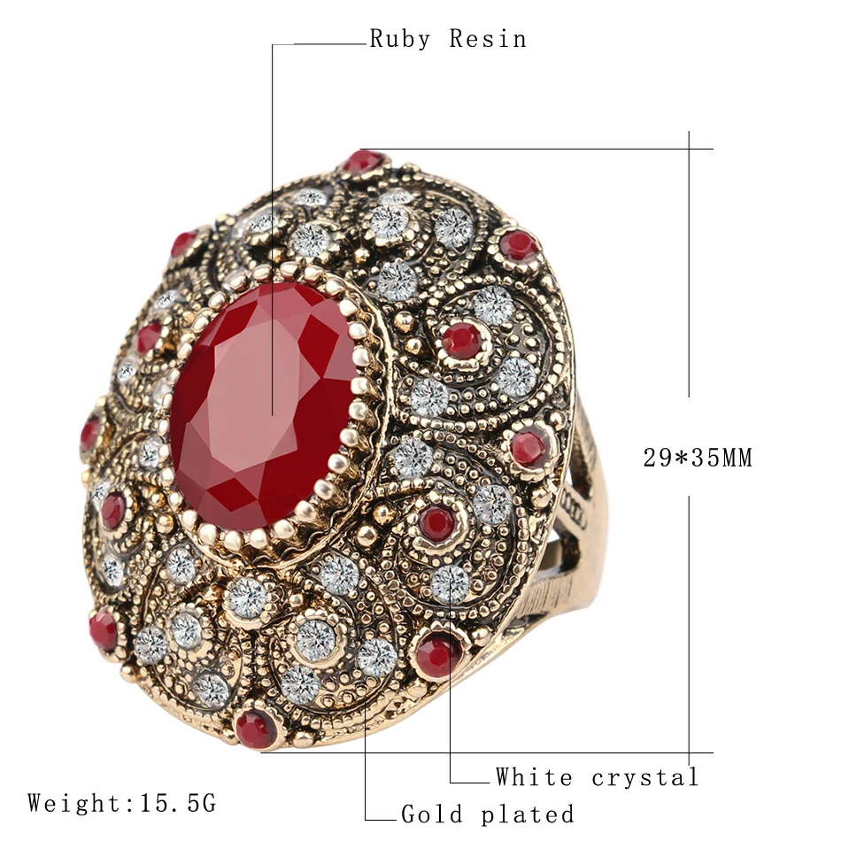 Vintage Indian Jewelry Boho Big Black Red Green Stone Ring Luxury Crystal Antique Gold Wedding Rings For Women 2020 New Arrivals