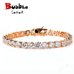 Bubble Letter 4mm Mens AAA Cubic Zirconia Tennis Bracelet Chain Hip Hop Jewelry 1 Row Gold Color CZ Bracelet Link Birthday Gift