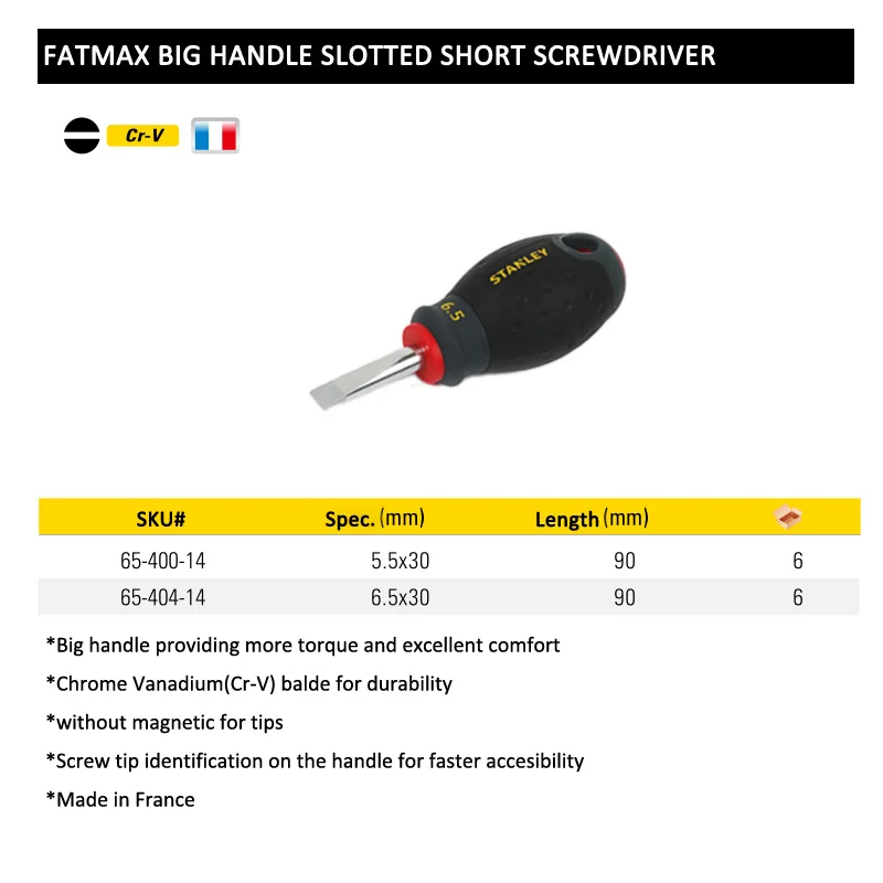 FatMax 1- piece lifetime guarantee slotted stubby screwdriver with soft handle short flat screwdrivers 5.5mm 6.5mm Cr.v steel