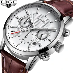 LIGE Mens Watches Luxury Waterproof Sport Man Watch Chronograph Military Genuine Leather Men Quartz Wristwatch Relogio Masculino