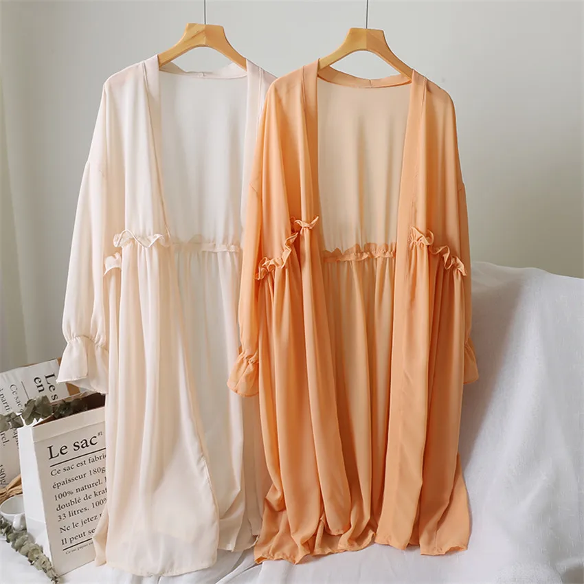 Gowyimmes 2019 Summer Women Chiffon Blouse All-match Girl Midi Long Lace Shirt Sun Protection Clothing Beach Style Coat PD370