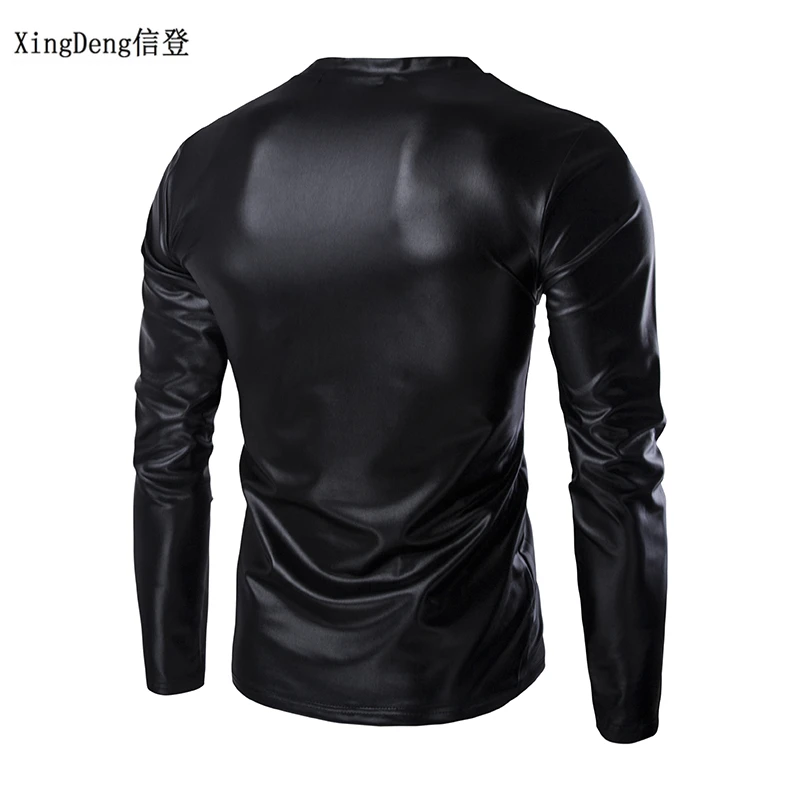 XingDeng Leather Sexy DJ Bar TOPS And Show Nightclub Clothing Men\'s Large Size Round Collar T-shirt Men Tees Spring Clothes