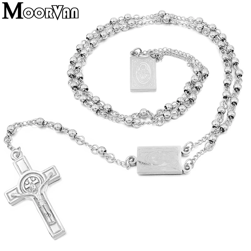 Moorvan 4mm,66cm long gold color men rosary bead necklace Stainless steel Religion of Jesus ,women cross jewelry, 2 colors