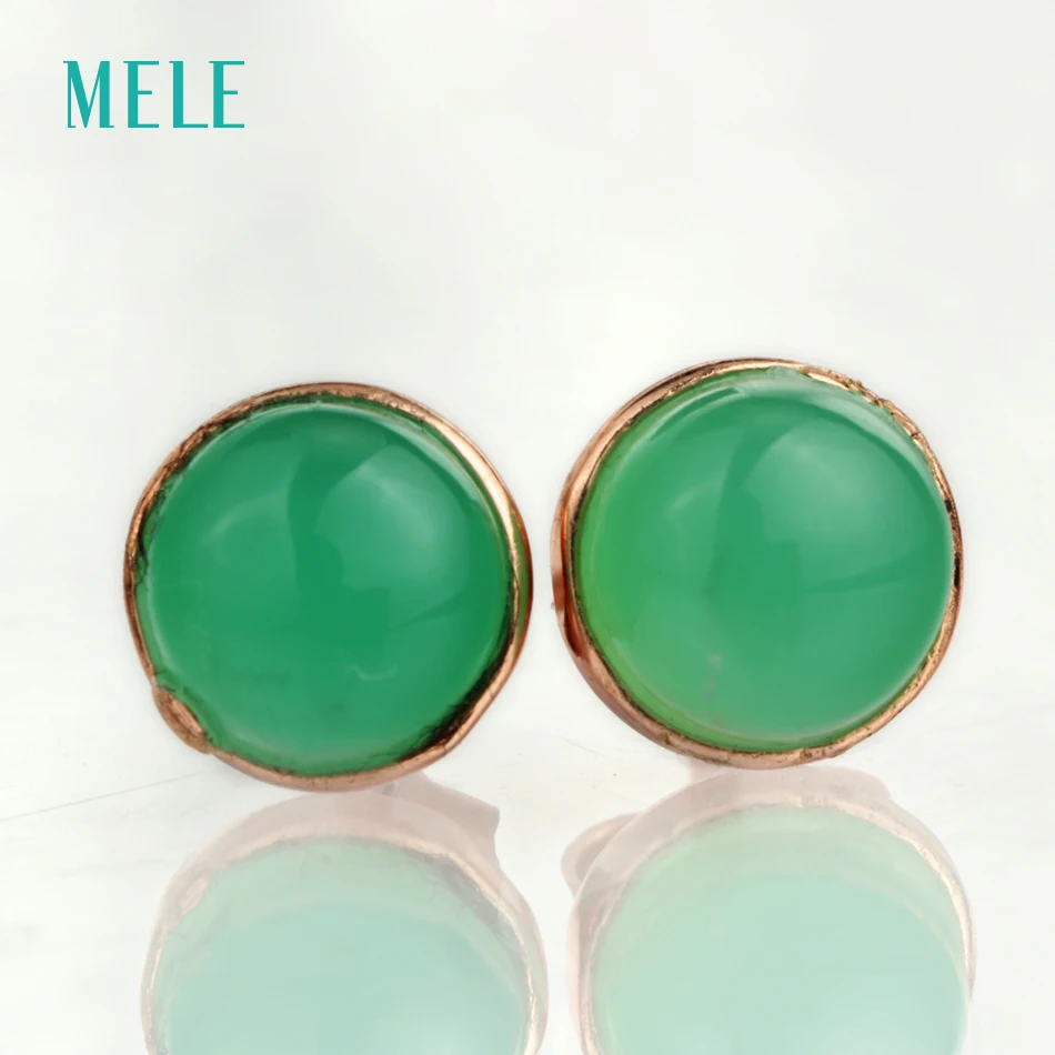 Natural green chalcedony silver earring, round 6mm*6mm, light apple green color, vivid color and brief design, fashion style