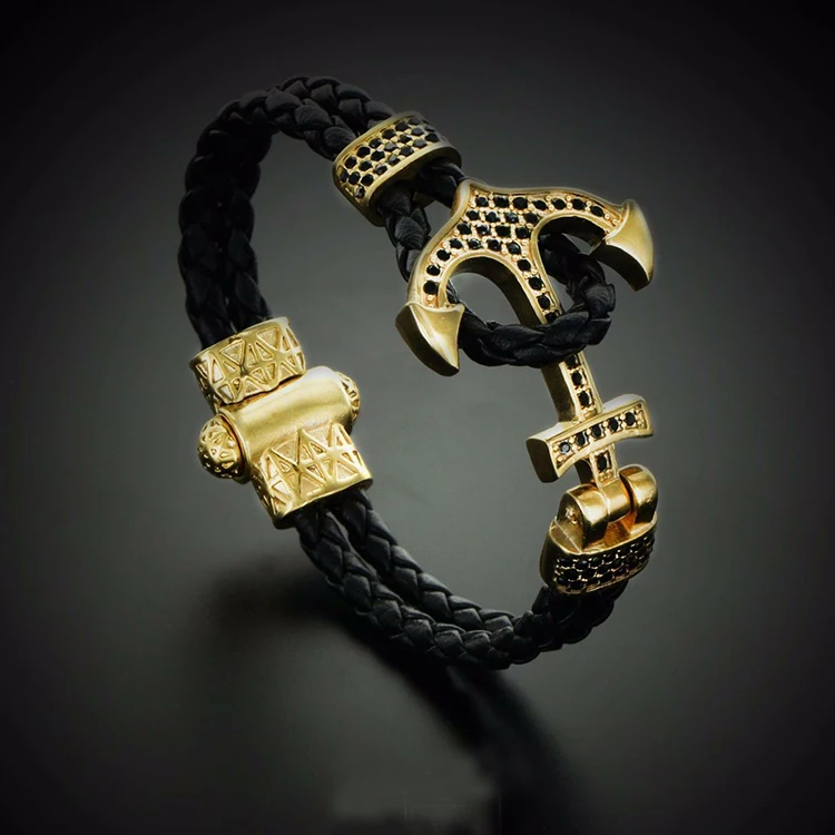 

(10PCS/Bag)Atolyestone Emperor Gold Bracelets Anchor Leather Cuff Bracelets & Bangles Men Women Mujer Pulseras SW-0046