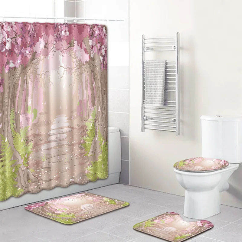 

Landscape Bathroom Curtain Waterproof Fabric Shower Curtain Carpet Toilet Mat for Bathroom 4 Pieces Set Bath Curtain