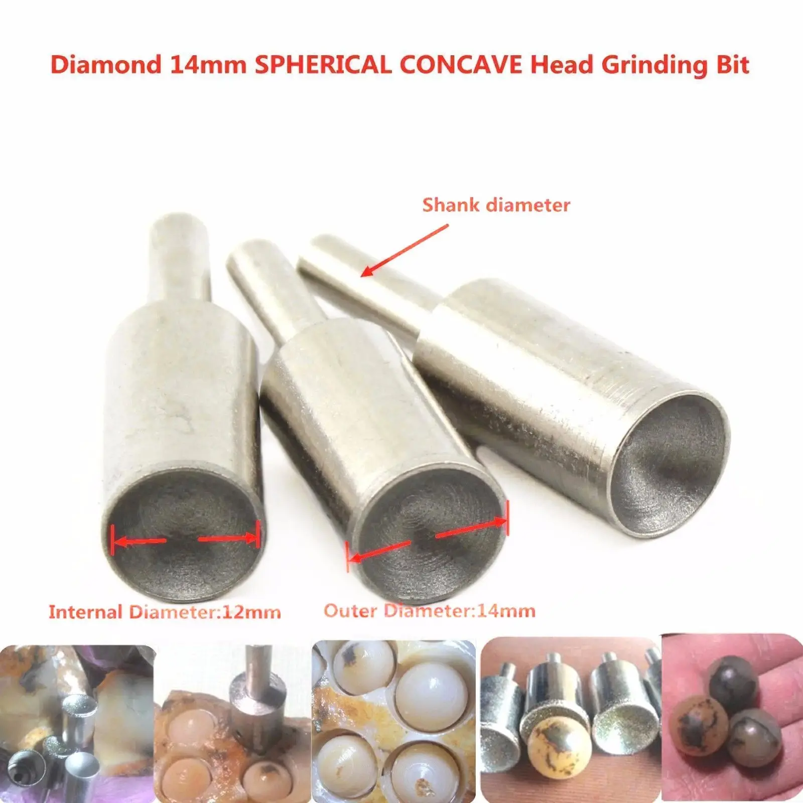 Diamante montado ponto 10-40mm cabeça côncava esférica moagem bit grit 600 gemas ilovetool