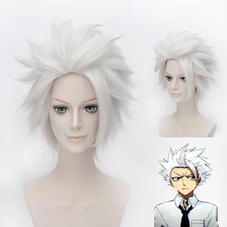 Anime Hitsugaya Toushirou peruka do cosplay krótkie srebrnoszare puszyste warstwowe włosy syntetyczne + czapka z peruką