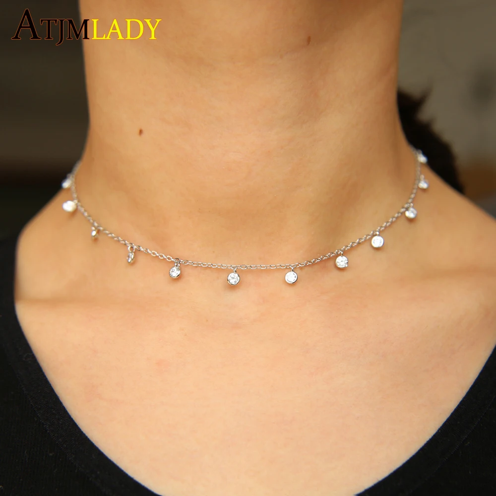 Collier Top Quality Delicate Short Necklace Minimalist Drop Cz Charm Colors Link Chain 32+8cm Choker Girly Layer Womens