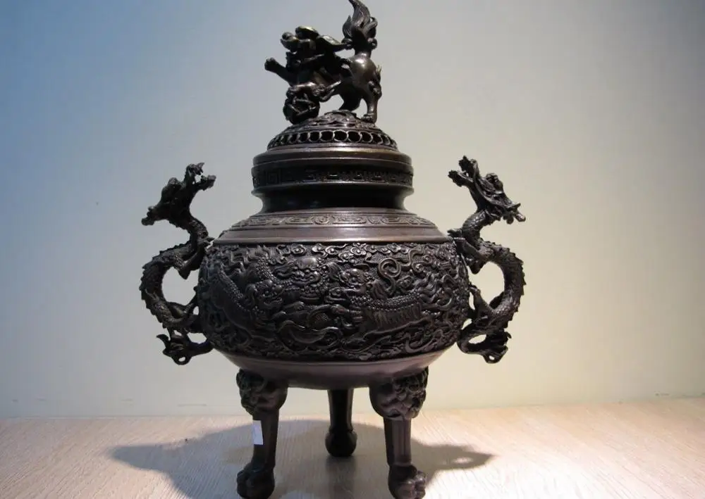 China Buddhism Pure Bronze Two Dragon With Foo Fu Dog Lion Censer incense burner