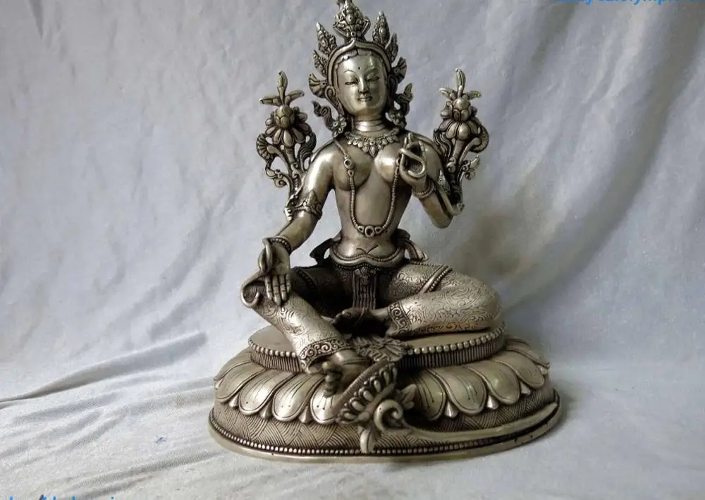 

10" China silver Buddhism Kwan-yin Guanyin Green Tara buddha Lotus seat Statue