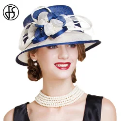 FS British Blue White Sinamay cappello da sposa per donna cappello da chiesa elegante fiore a tesa larga fedora 2023 lino Kentucky Derby Hat