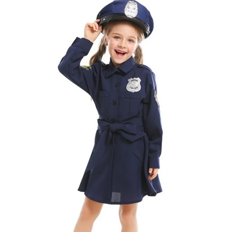 

XS-L Kids Children Police Uniform Cosplay Girls Halloween Policewoman Costumes Carnival Purim Stage Show Role Play Party Dress