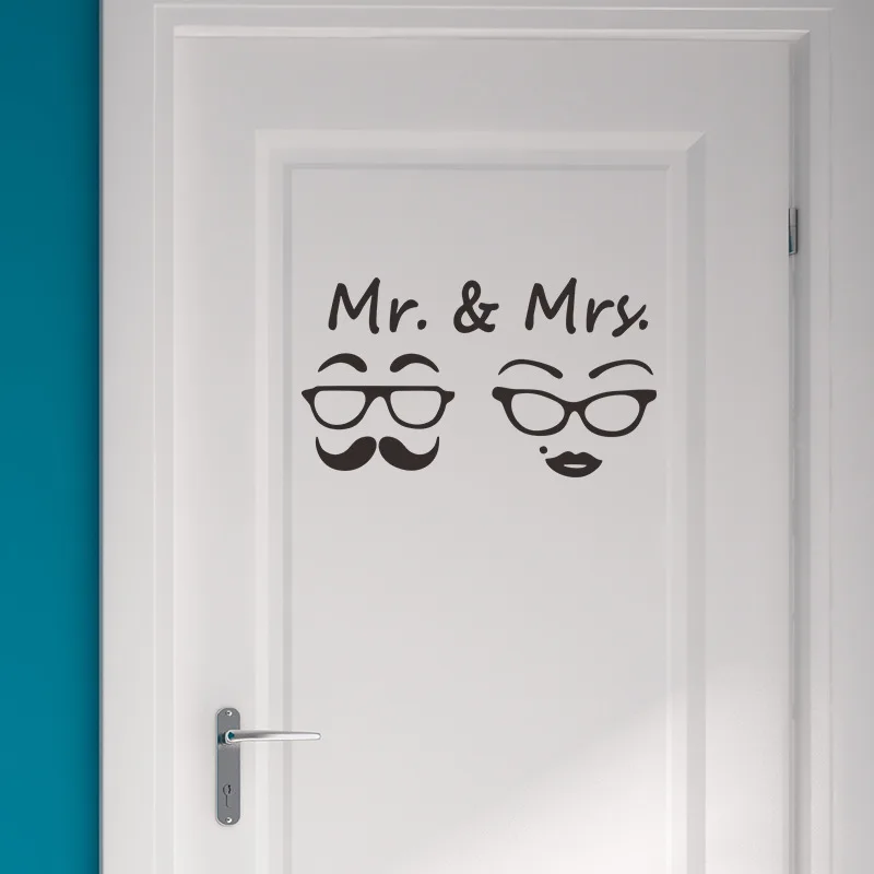 Pegatina de pared con diseño de gafas retro Mr&Mrs, letrero para inodoro, decoración de puerta, adhesivo removible para decoración de fondo de baño, calcomanías creativas