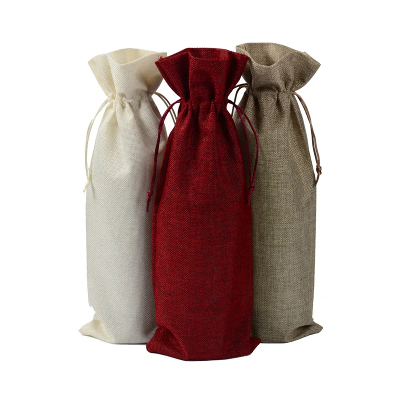 3 Colors Linen Drawstring Wine Bags Dustproof Wine Bottle Packaging Bag Champagne Pouches Party Gift Wrap W9096