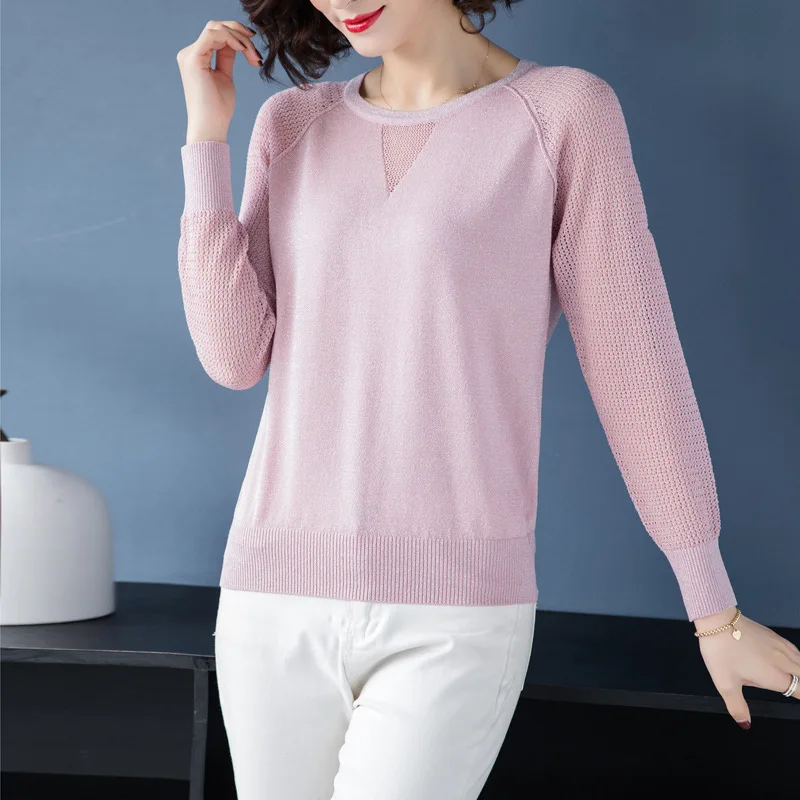 Della molla di Autunno di trasporto Puro Colore Maglione Del Pullover Rotonda Collare Hollow Manica Lunga Casual Inferiore Top Delle Donne Sottile Lavorato A Maglia Maglione Top H9345